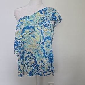 Lilly Pulitzer Blue and Yellow One-Shoulder Top